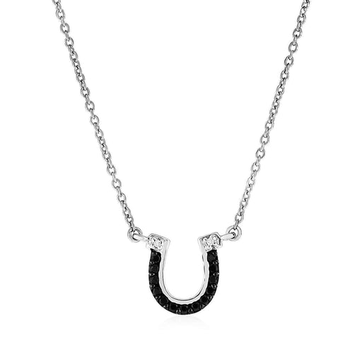 Sterling Silver Horseshoe Pendant with Diamonds and Black Spinel Pendants Angelucci Jewelry   