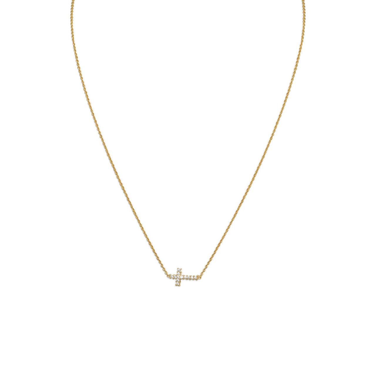 16" 14 Karat Gold Plated Necklace with Sideways CZ Cross