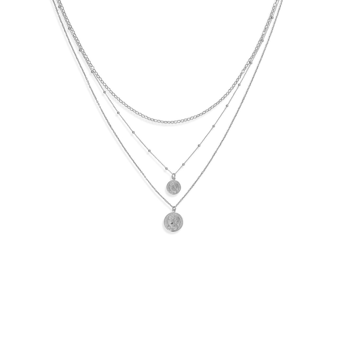 Three Graduated Strand Rhodium Plated Roman Coin Necklace