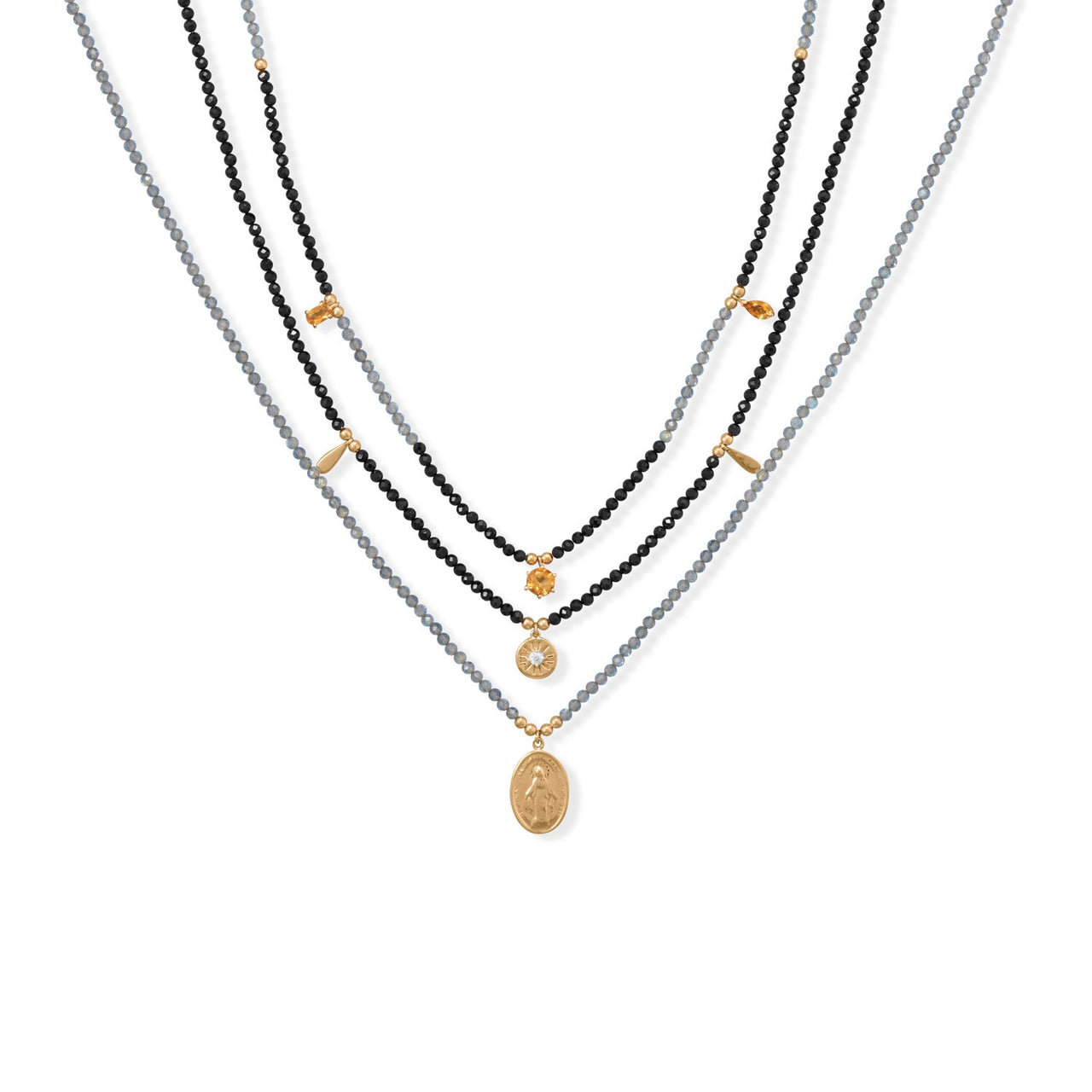 16" + 2" 14 Karat Gold Plated Charm and Black Spinel Necklace