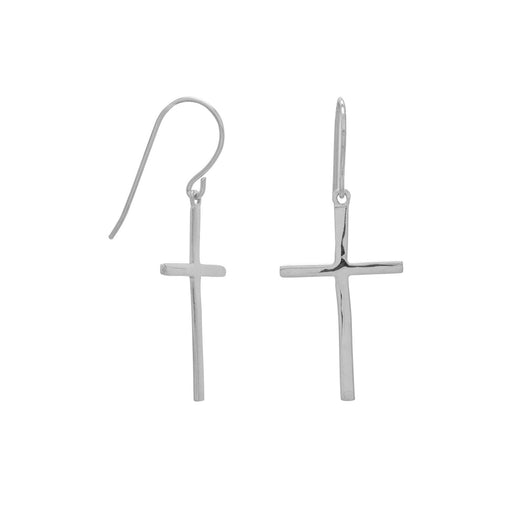 Rhodium Plated Polished Cross Drop Earrings