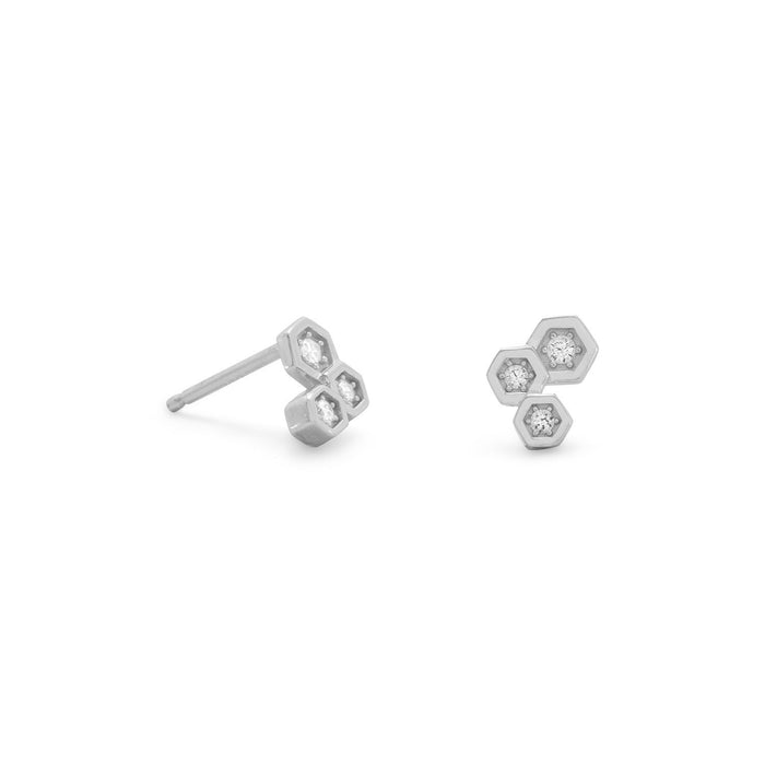 Rhodium Plated CZ Honeycomb Post Earrings