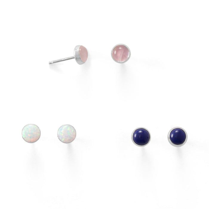 Set of 3 Synthetic White Opal, Lapis, and Rose Quartz Button Studs