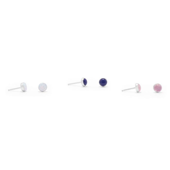 Set of 3 Synthetic White Opal, Lapis, and Rose Quartz Button Studs