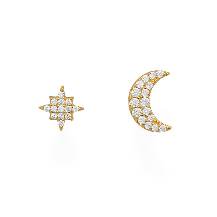 14 Karat Gold Plated CZ Moon and Star Stud Earrings