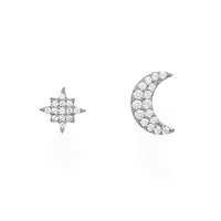 Thumbnail for Rhodium Plated CZ Moon and Star Stud Earrings