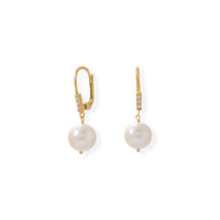 Thumbnail for Gold Plated Cultured Freshwater Pearl and CZ Lever Earring