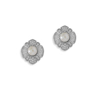 Thumbnail for Rhodium Plated CZ and Cultured Freshwater Pearl Flower Earrings