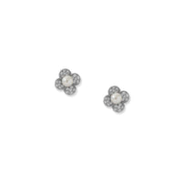 Thumbnail for Rhodium Plated Simulated Pearl and Pave CZ Flower Earrings