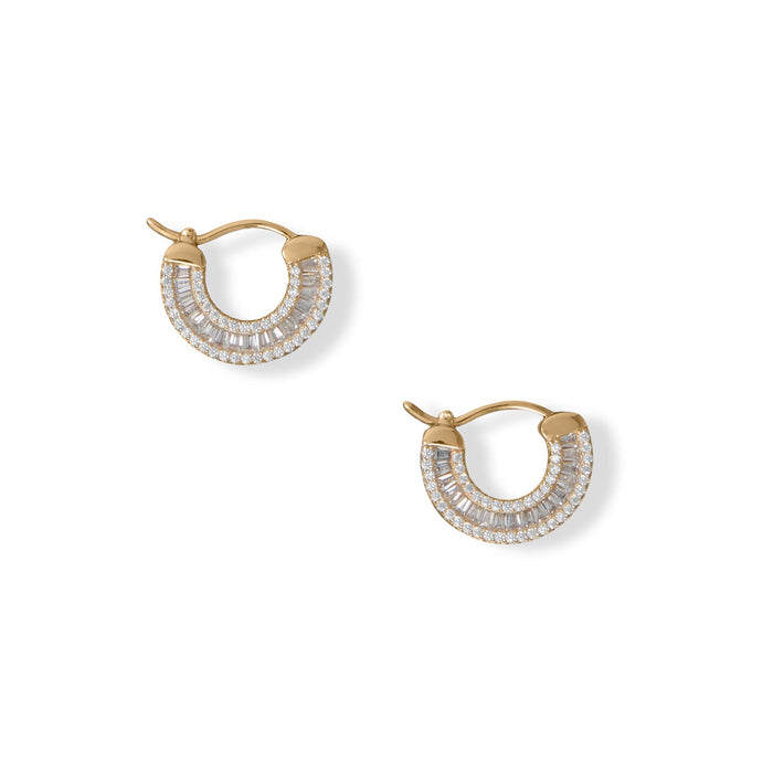 14 Karat Gold Plated Baguette CZ Click Hoop Earrings