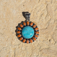 Thumbnail for Reconstituted Turquoise and Coral Sunburst Pendant