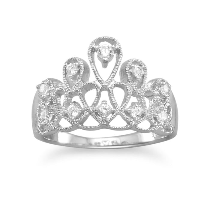 Rhodium Plated Tiara Design CZ Ring