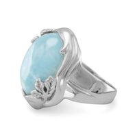 Thumbnail for Rhodium Plated Larimar Ring with Leaf Design
