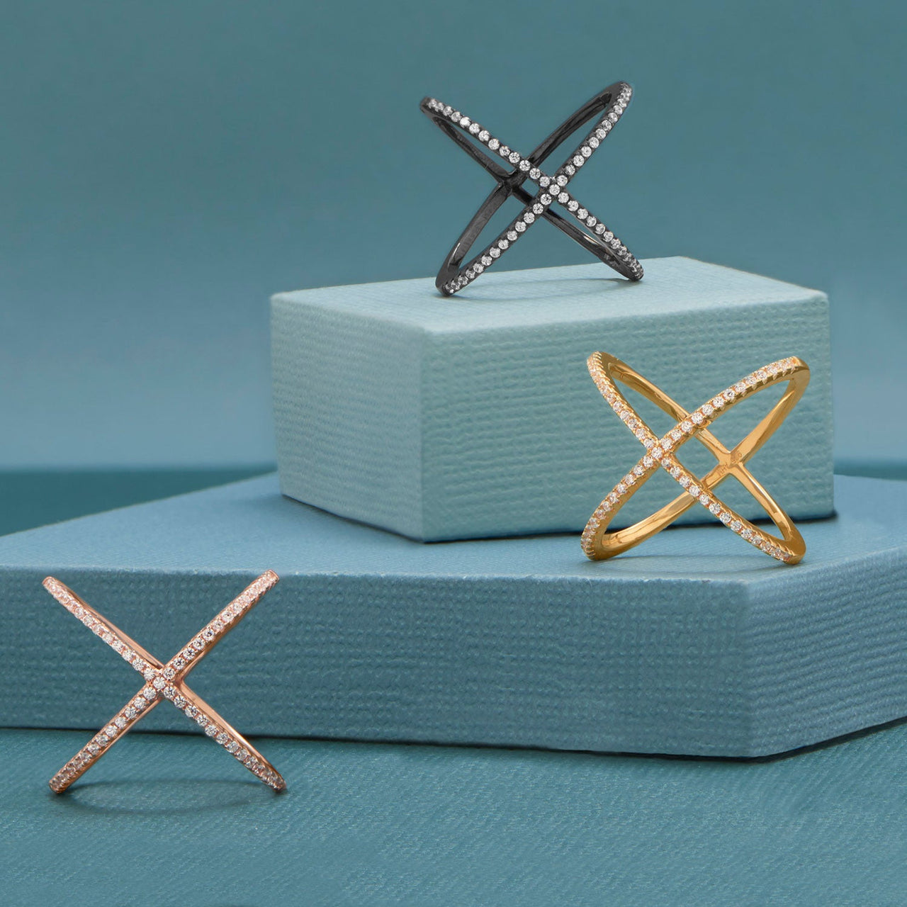 18 Karat Rose Gold Plated Criss Cross 'X' Ring with Signity CZs