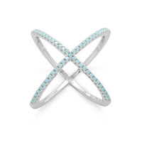 Thumbnail for Rhodium Plated Criss Cross 'X' Ring with Blue CZs