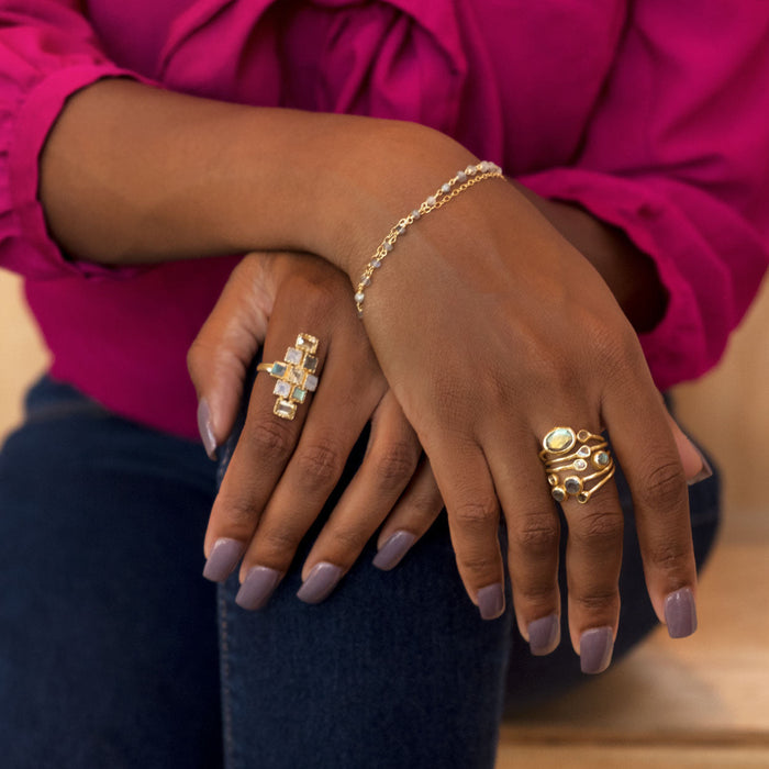 14 Karat Gold Plated Polki Diamond and Labradorite Multi-row Stacked Ring