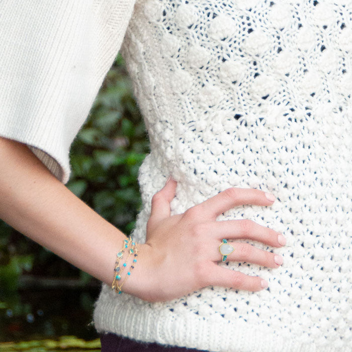 14 Karat Gold Plated Rainbow Moonstone and Crushed Turquoise Ring