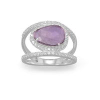 Thumbnail for Rhodium Plated Amethyst and CZ Split Band Ring