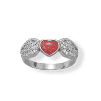 Thumbnail for Rhodium Plated CZ Wing and Red Opal Heart Ring