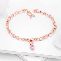 Thumbnail for Rose Gold Plated Breast Cancer Awareness Ribbon and Heart Charm Bracelet