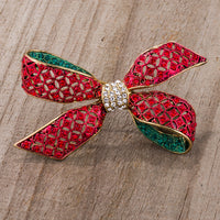 Thumbnail for Red And Green Bow Brooch With Crystals