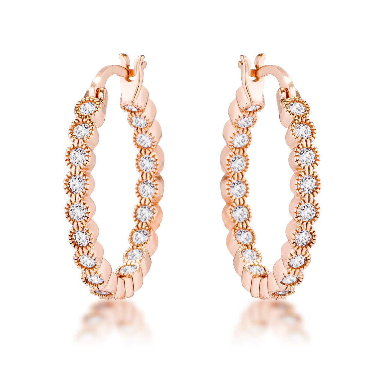 Rose Gold Plated Dotted Clear CZ Round Bezel Hoop Earrings