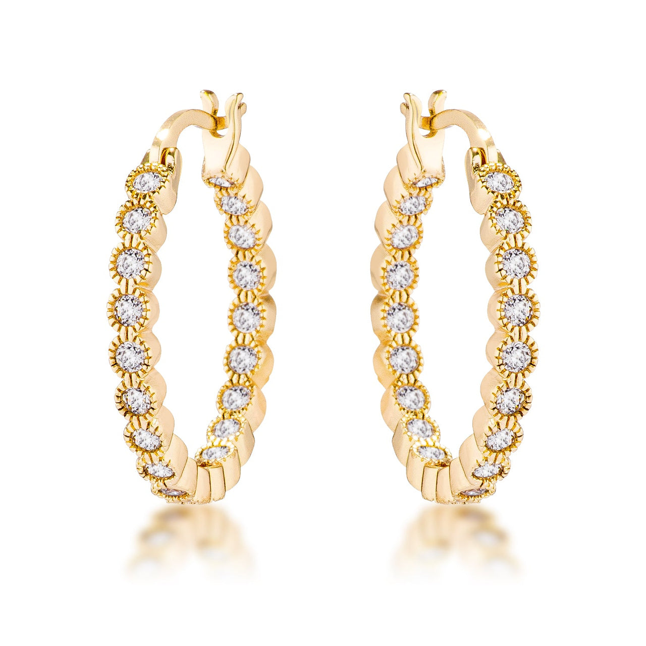 Gold Plated Dotted Clear CZ Round Bezel Hoop Earrings
