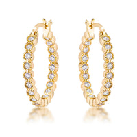 Thumbnail for Gold Plated Dotted Clear CZ Round Bezel Hoop Earrings