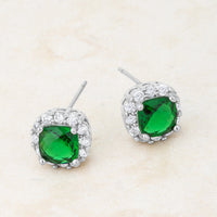 Thumbnail for Liz 2ct Emerald CZ Rhodium Classic Cushion Stud Earrings