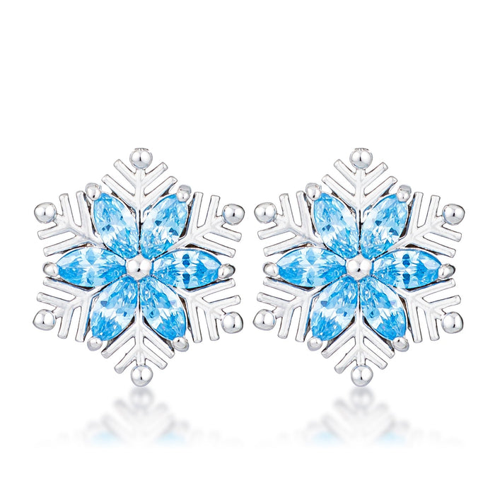 Rhodium Plated Aqua Blue Marquise Snowflake Earrings