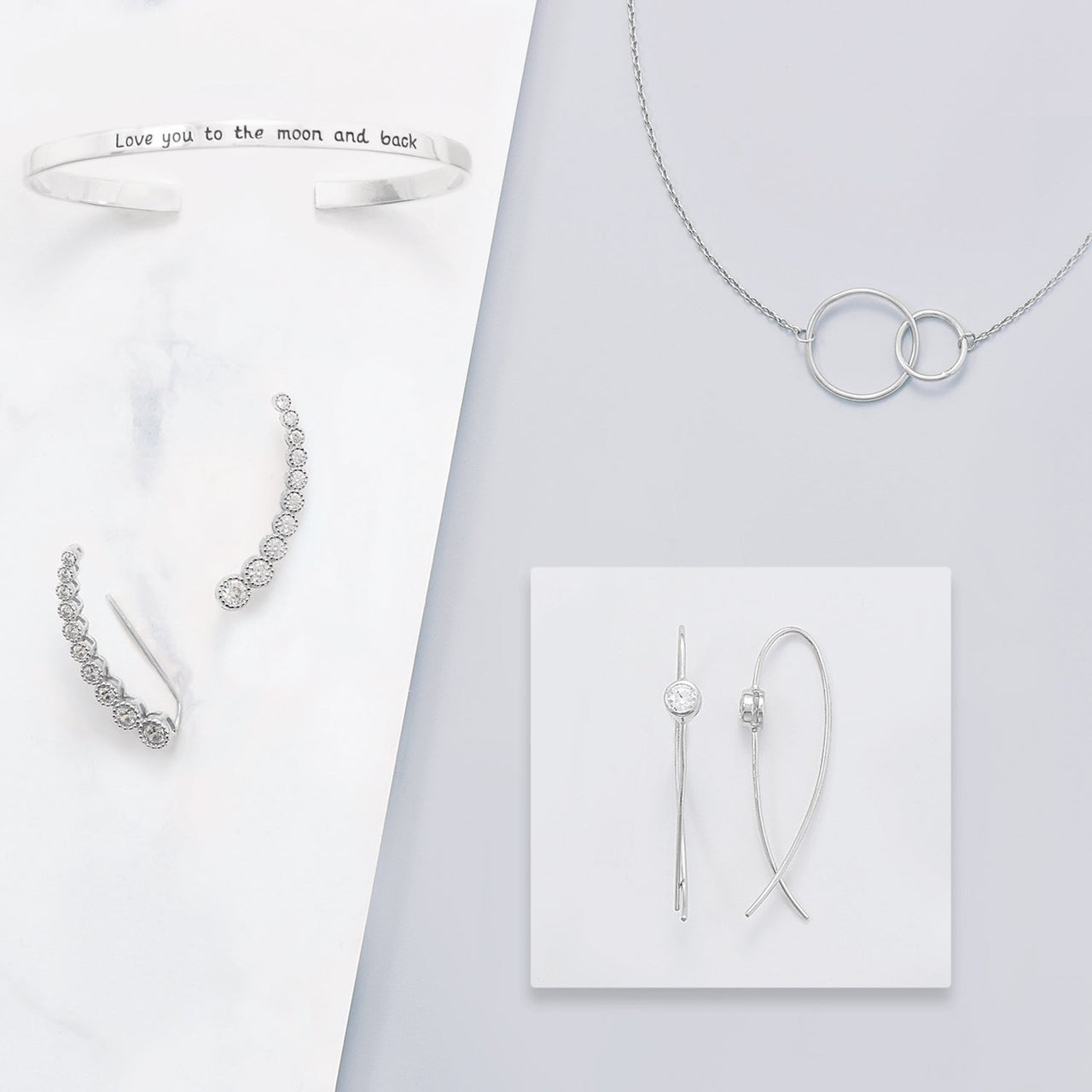 Textured Rhodium Plated Bezel CZ Ear Climbers