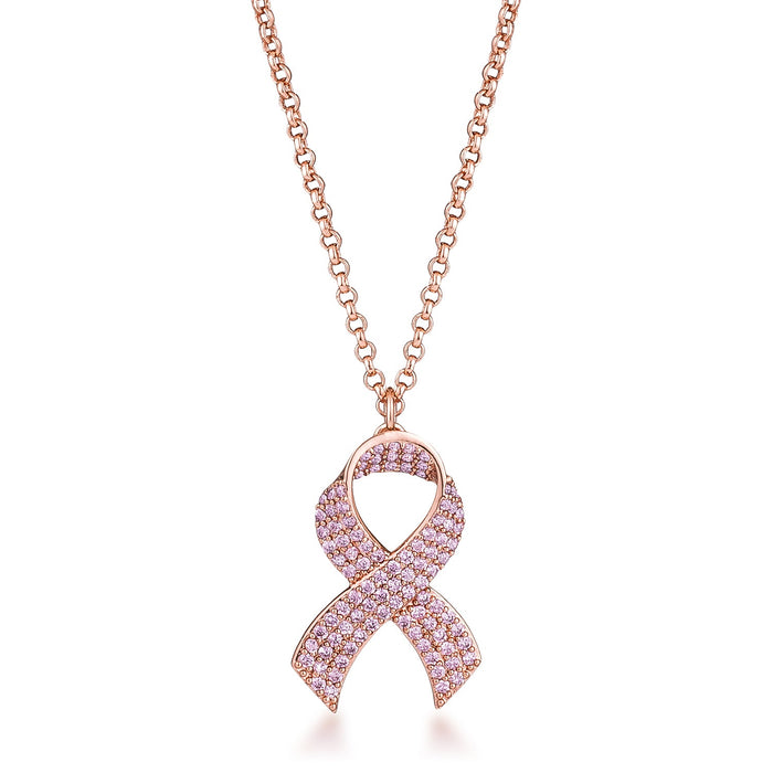 Rose Gold Plated Pink CZ Pave Ribbon Necklace