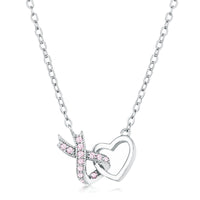 Thumbnail for Rhodium Plated Pink CZ Interlocking Heart Ribbon Pendant