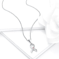Thumbnail for Rhodium Plated Heart Filigree Breast Cancer Awareness Ribbon Pendant