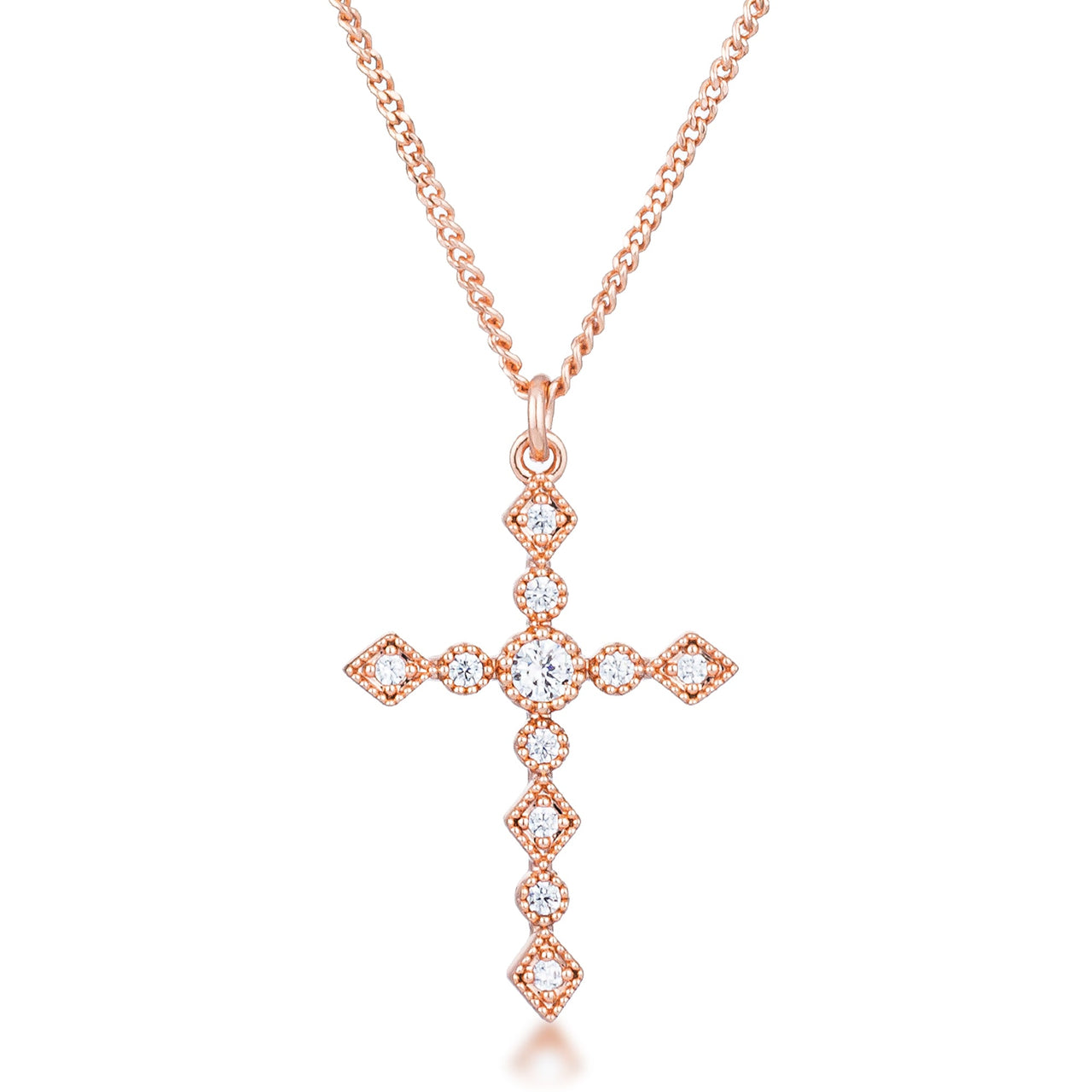 Dainty Art Deco Rose Gold Plated Clear CZ Cross Pendant