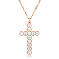 Thumbnail for Micro Beaded Rose Gold Plated Clear CZ Cross Pendant