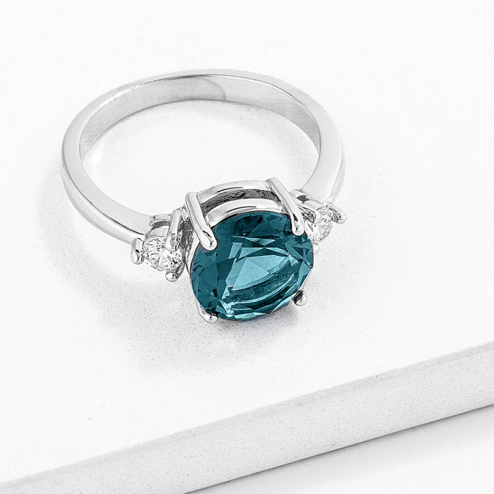 Exquisite Blue Green Three Stone CZ Engagement Ring