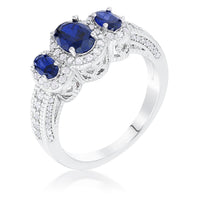 Thumbnail for Rhodium Plated 3-Stone Sapphire Blue Oval Cut CZ Halo Ring