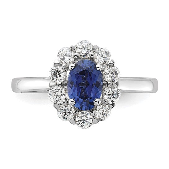 14-karat WG Cr. Oval Blue Sapphire & Lab Grown Dias Fashion Ring