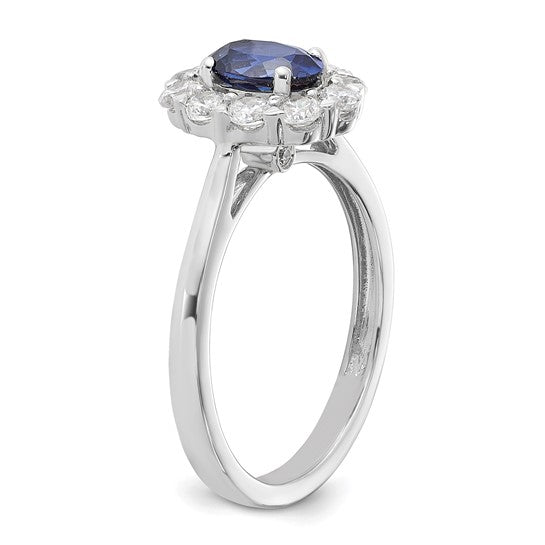 14-karat WG Cr. Oval Blue Sapphire & Lab Grown Dias Fashion Ring