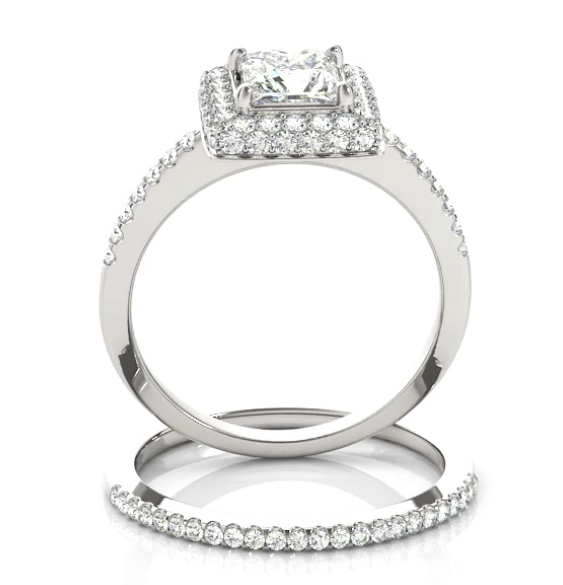 Custom Made Princess Shape Center Diamond Halo 2 piece engagement ring set