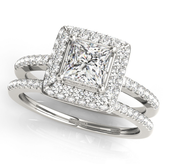 Custom Made Princess Shape Center Diamond Halo 2 piece engagement ring set