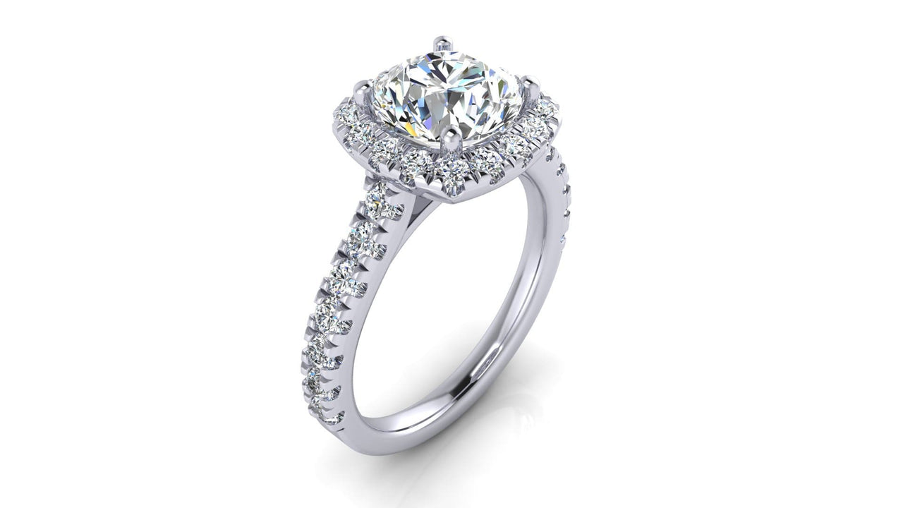 The Messina round halo engagement ring, side view showing 32 round side diamonds