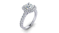 Thumbnail for The Messina round halo engagement ring, side view showing 32 round side diamonds