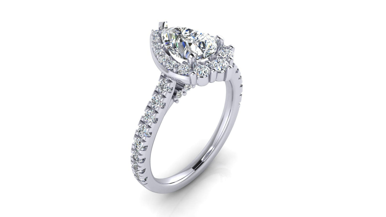The Padua pear-shaped halo engagement ring, side view showing diamond band