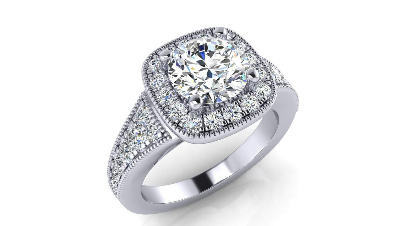 The Ravenna square halo engagement ring, side view showing thicker band and milgrain borders