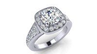 Thumbnail for The Ravenna square halo engagement ring, side view showing thicker band and milgrain borders