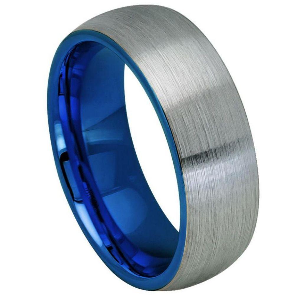 The Oceanic 8mm domed tungsten men's wedding band with gun metal brushed center and blue plated interior – Angelucci Jewelry