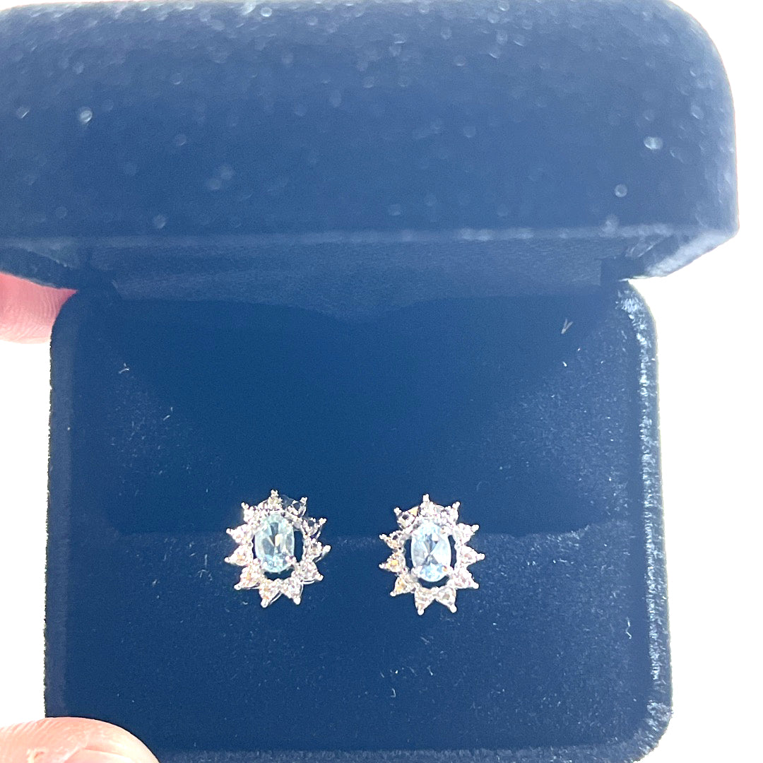 AQUAMARINE AND DIAMOND HALO EARRINGS