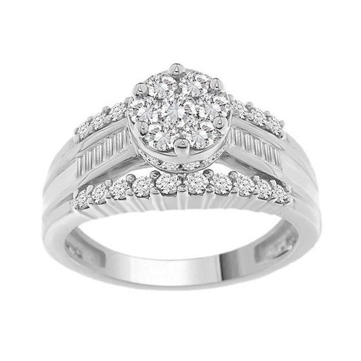 LADIES RING 1 1/2 CT ROUND/BAGUETTE DIAMOND 10K WHITE GOLD